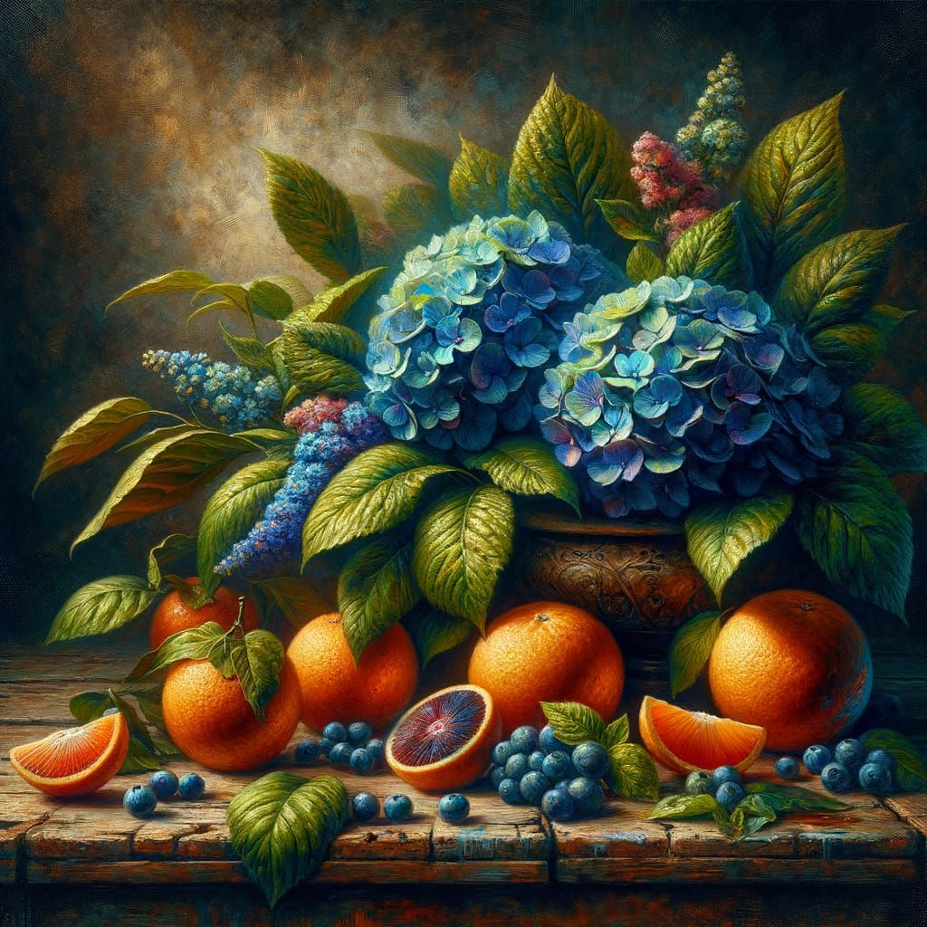 Blue hydrangeas with blood oranges   by @Willow Strawberry