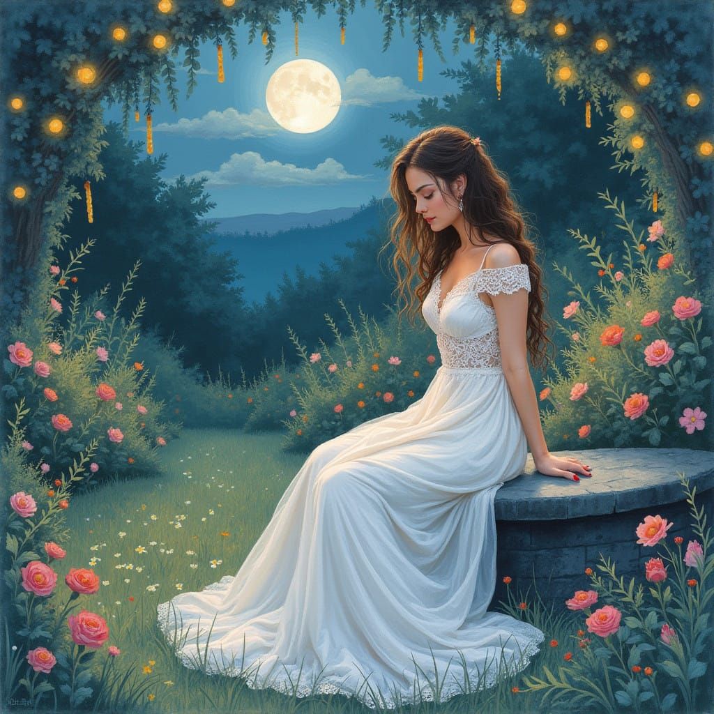 Elegant Woman in Moonlit Garden, Watercolor Style