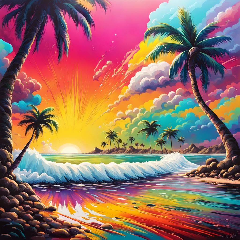  plage et palmiers arc en ciel.   by @Piboulou 