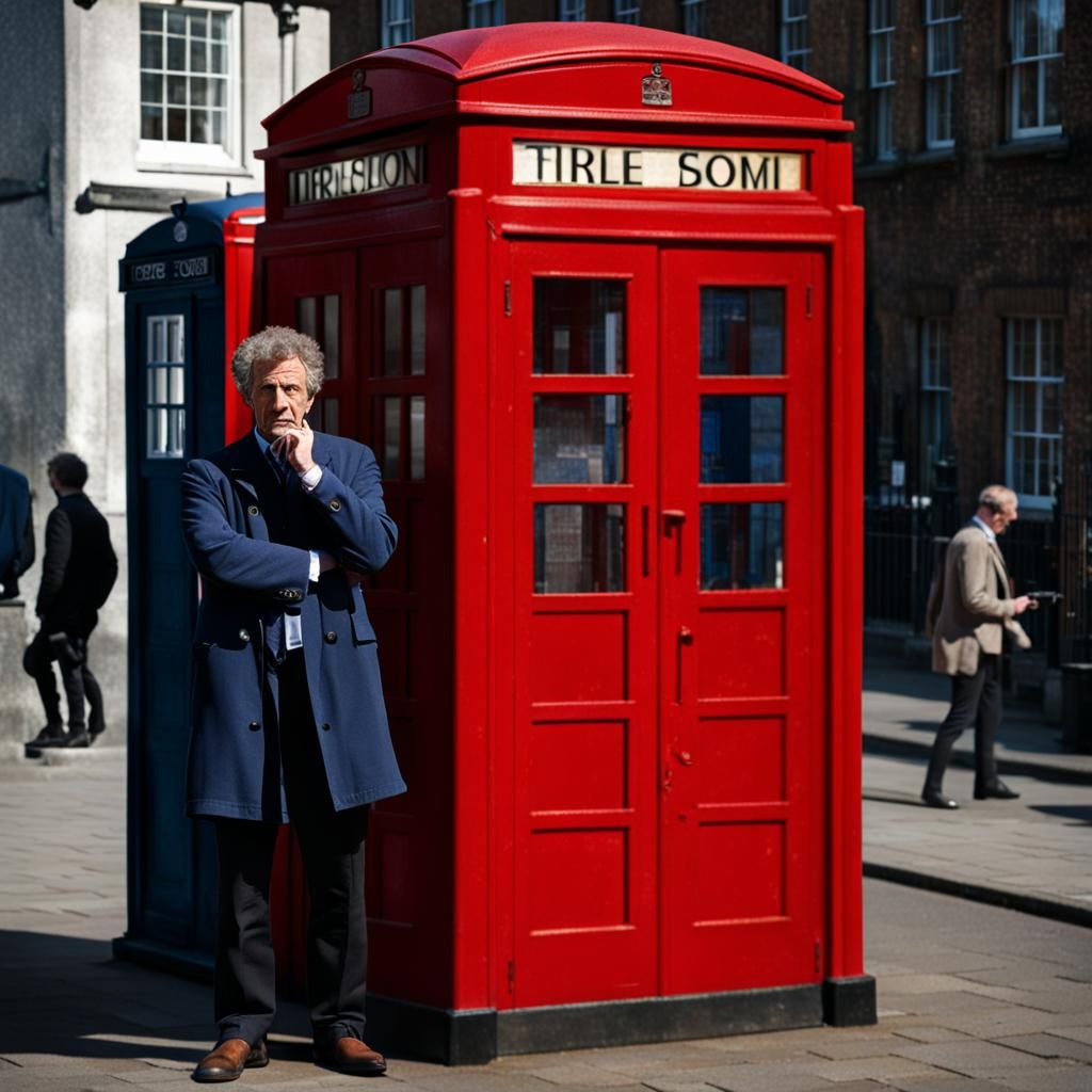Doctor Who stands by a red British phone booth.