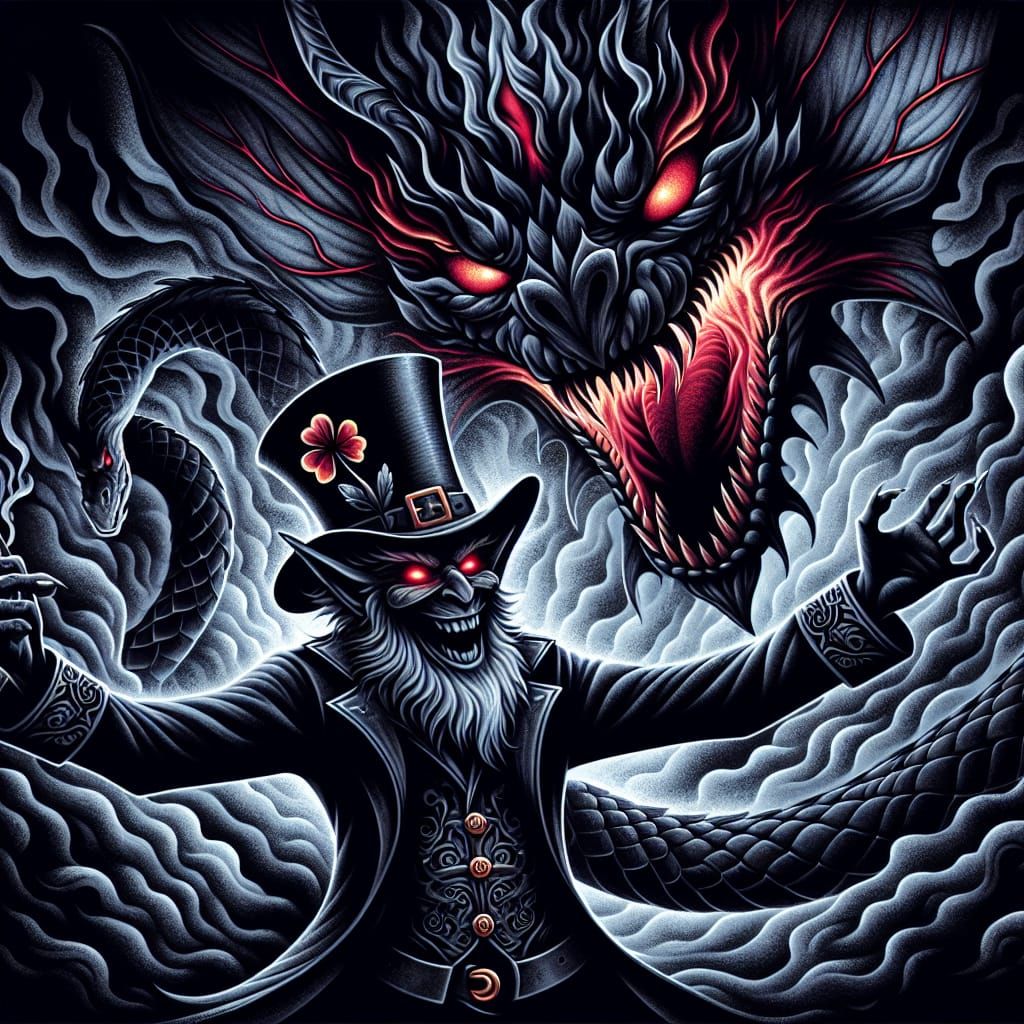 a dark evil leprechaun dances around an demonic fairy Dragon