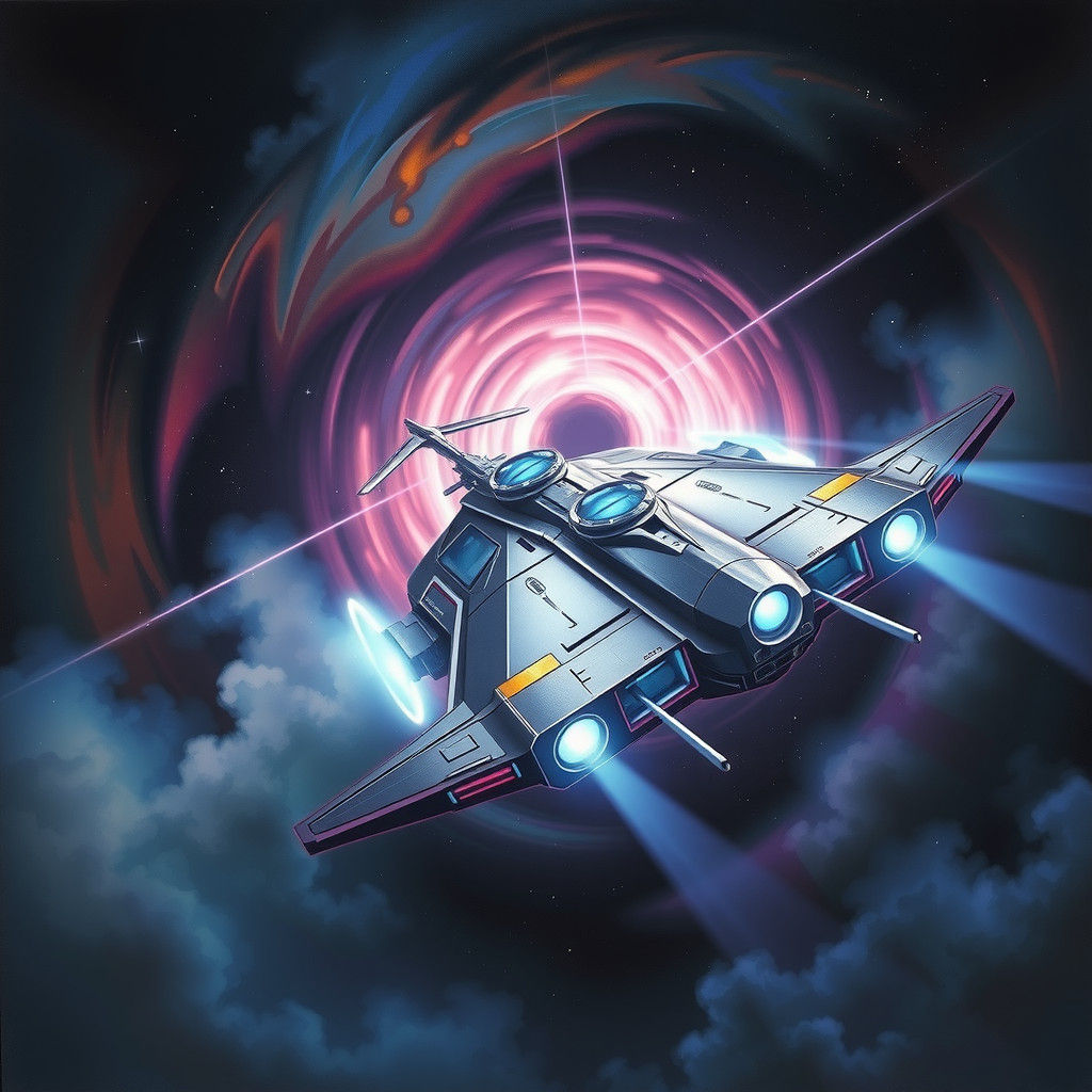 Sci-Fi spaceship flying towards haze of vortex.