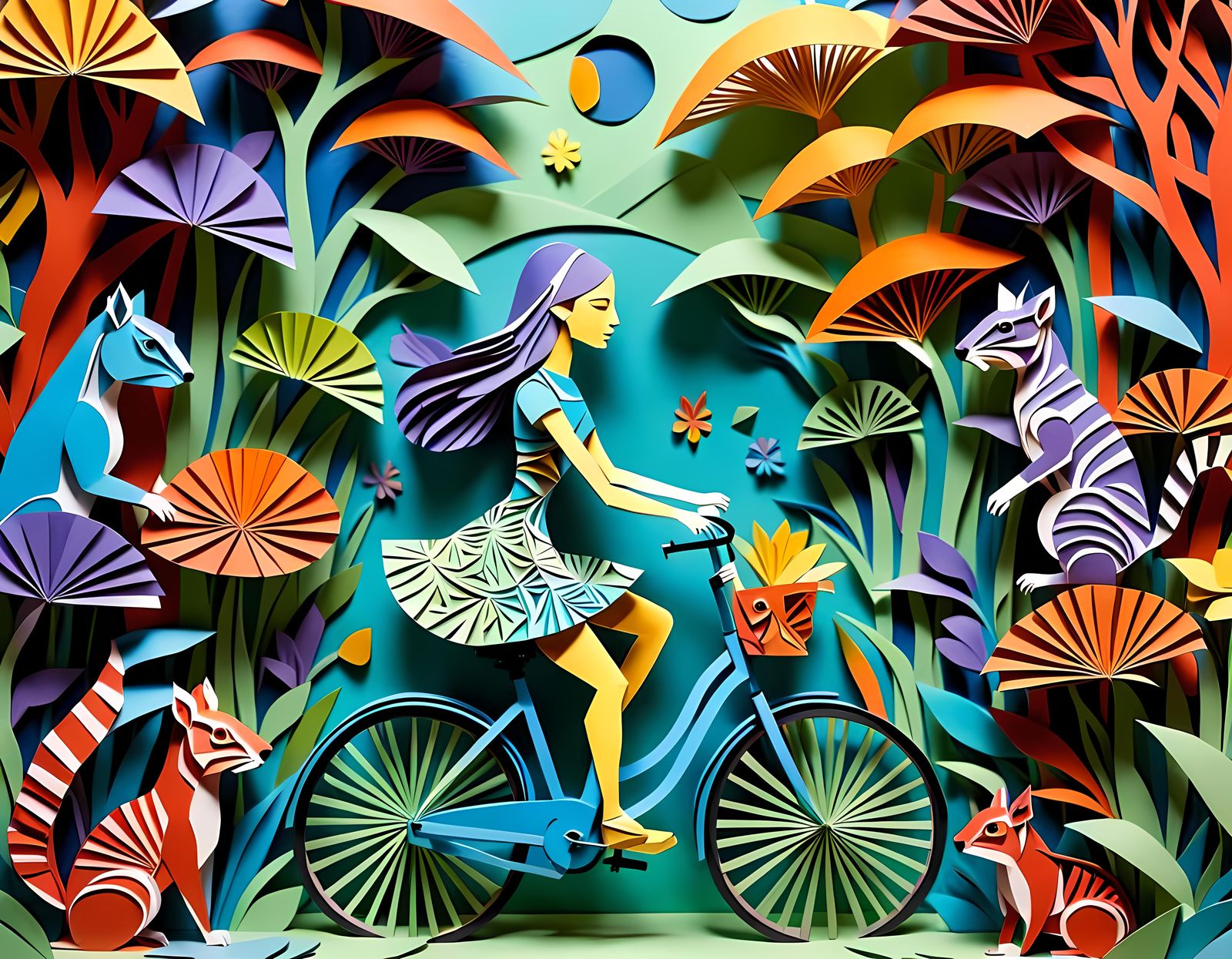 whimsical paper kirigami art scene featuring a girl on a bicycle surrounded by zebra squirrels both intricately ...  by @Vey Telmo