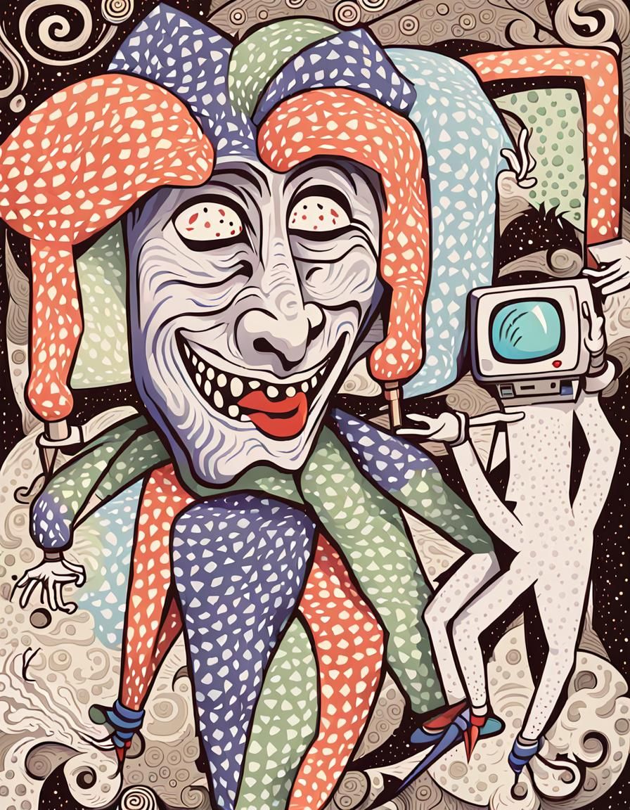 A playing card-like jester or joker watches  a minute figure biped with a TV as a head dance in front of him. In the style of psychedelic li...