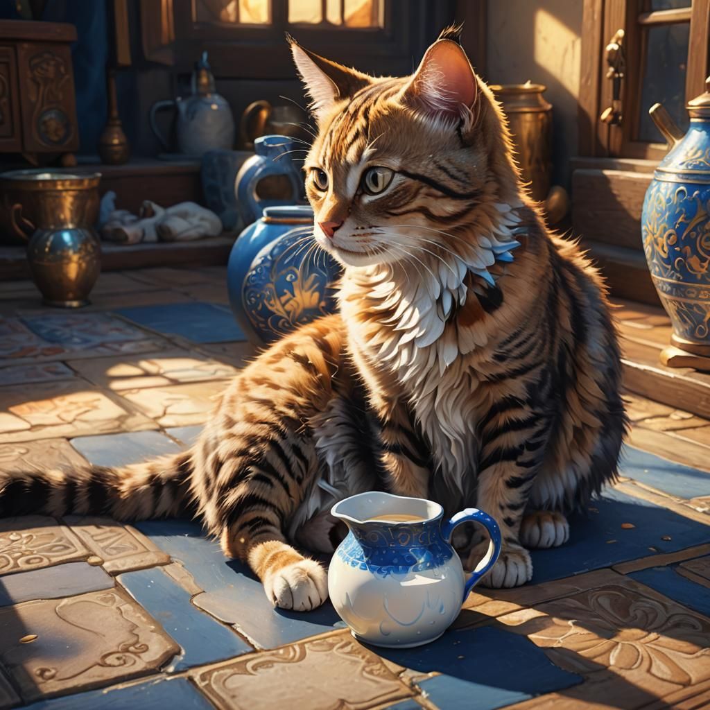 Cat with Milk Jug: Whimsical Fantasy Concept Art
