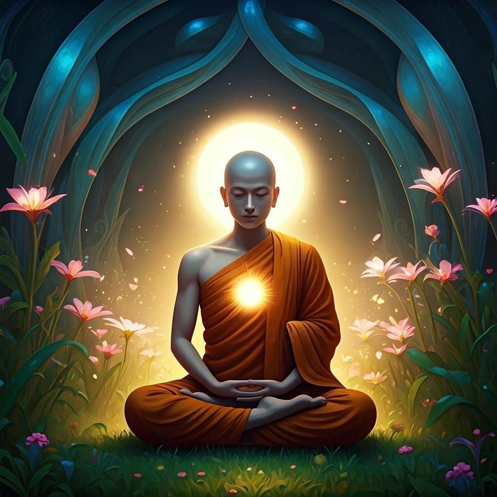 Surrealist Monk Radiates Loving-Kindness Amidst Vibrant Fant...