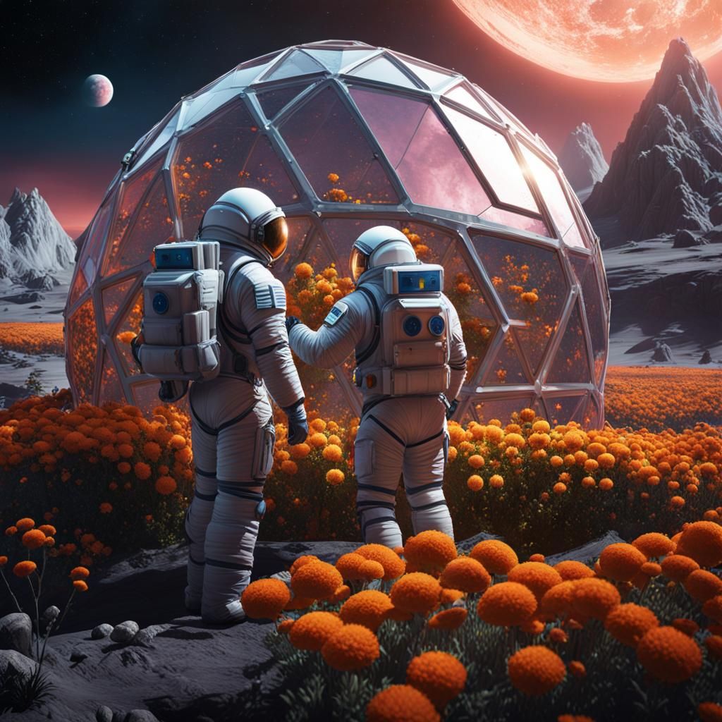 Three men in spacesuits tending to the flowers in a geodesic...