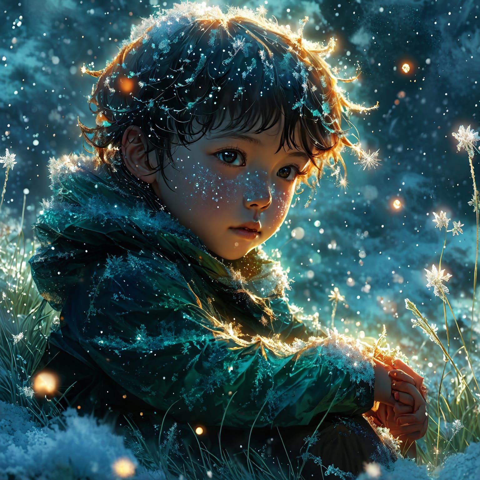 Child sitting on top of a lush green field