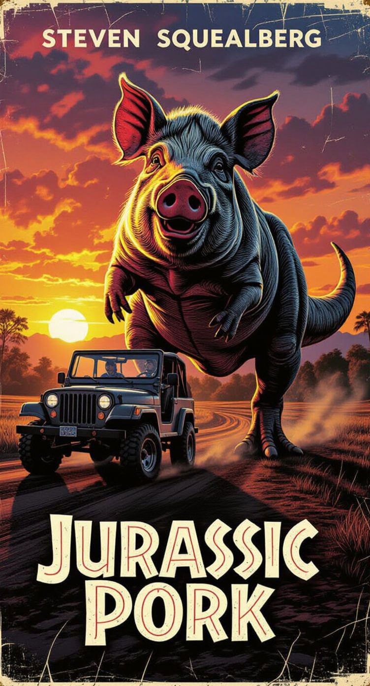 Jurassic Pork, Directed by Steven Squealberg  by @Cake