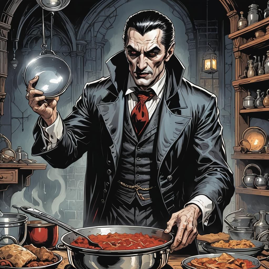 Dracula with frying pan