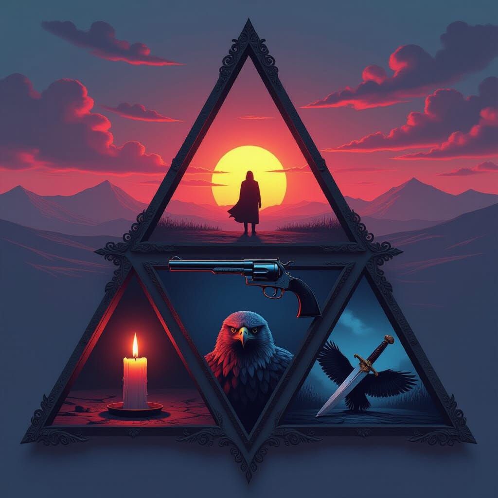 3 separate images within a triangle shaped frame. Top image a lone figure standing starkly against the sunset, the second image is that of a...