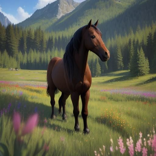 A magnificent great brown horse plant hyperrealistic in moun...