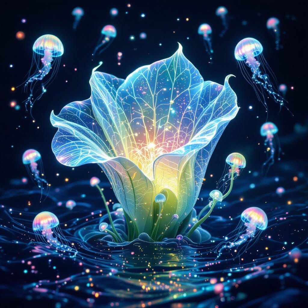 A bioluminescent leafy meat eating plant gracefully glides through the inky depths of an alien ocean, ...  by @Donna R Lewis