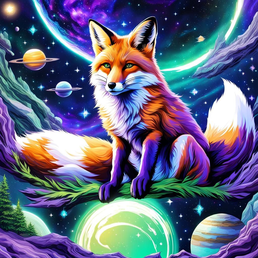 fox sitting in space, sorounded by stars stareing at saturn ...