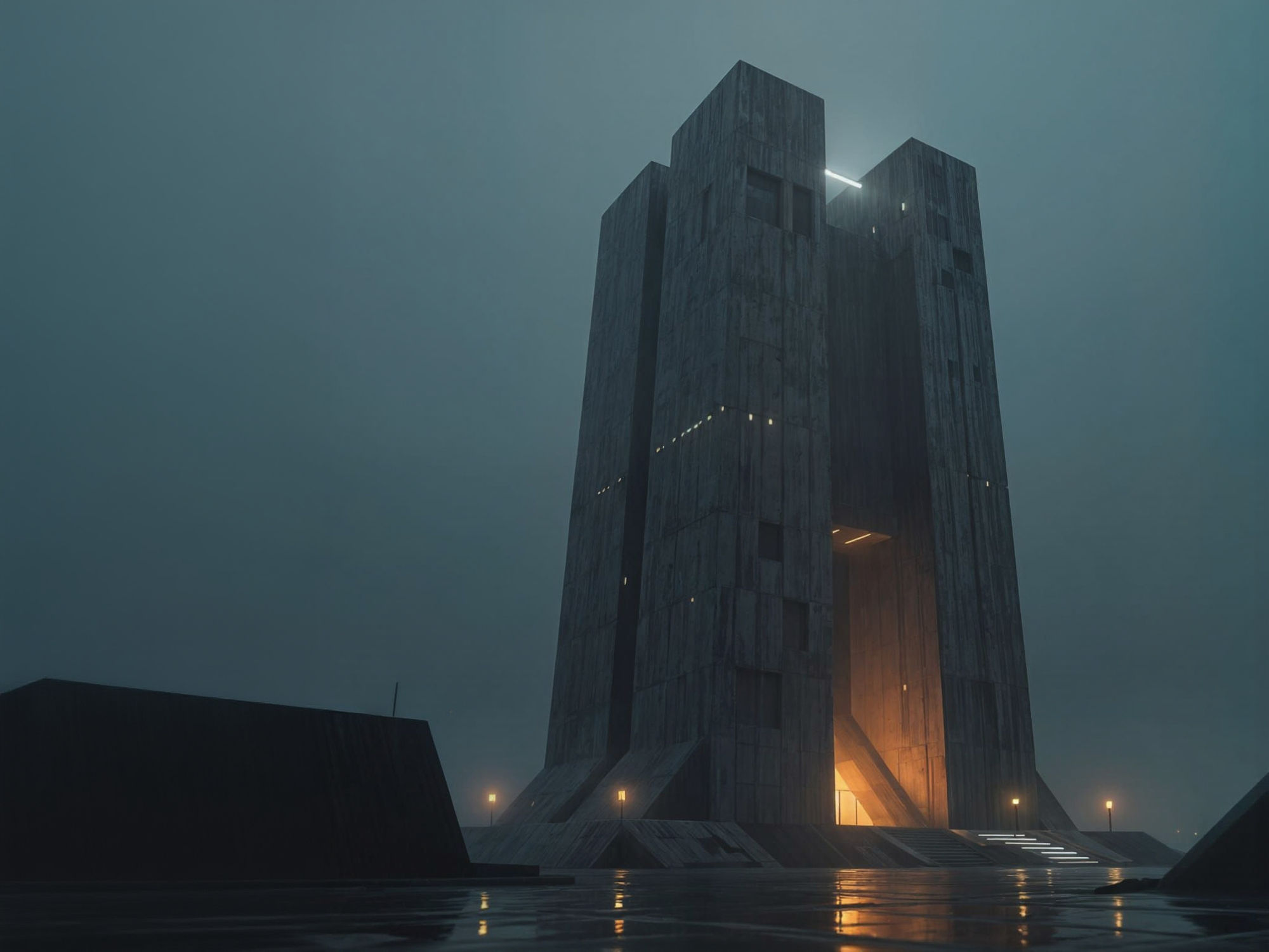 "Create an epic minimalist scene inspired by Blade Runner 2049. Showcase a liminal, brutalist structure with atmospheric futuristic lighting...