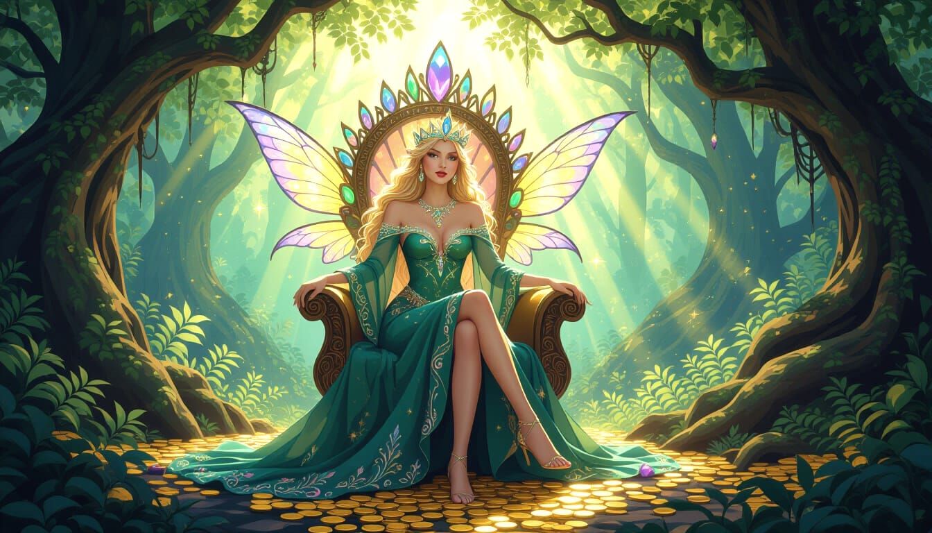 Fairy Queen on Gemstone Throne in Enchanted Forest