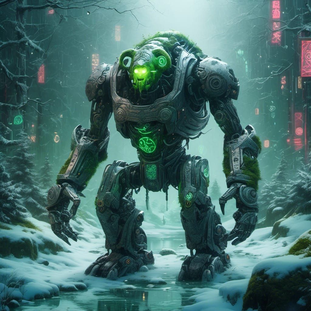 Mechanical Robot Orc in Cosmic Neon Street