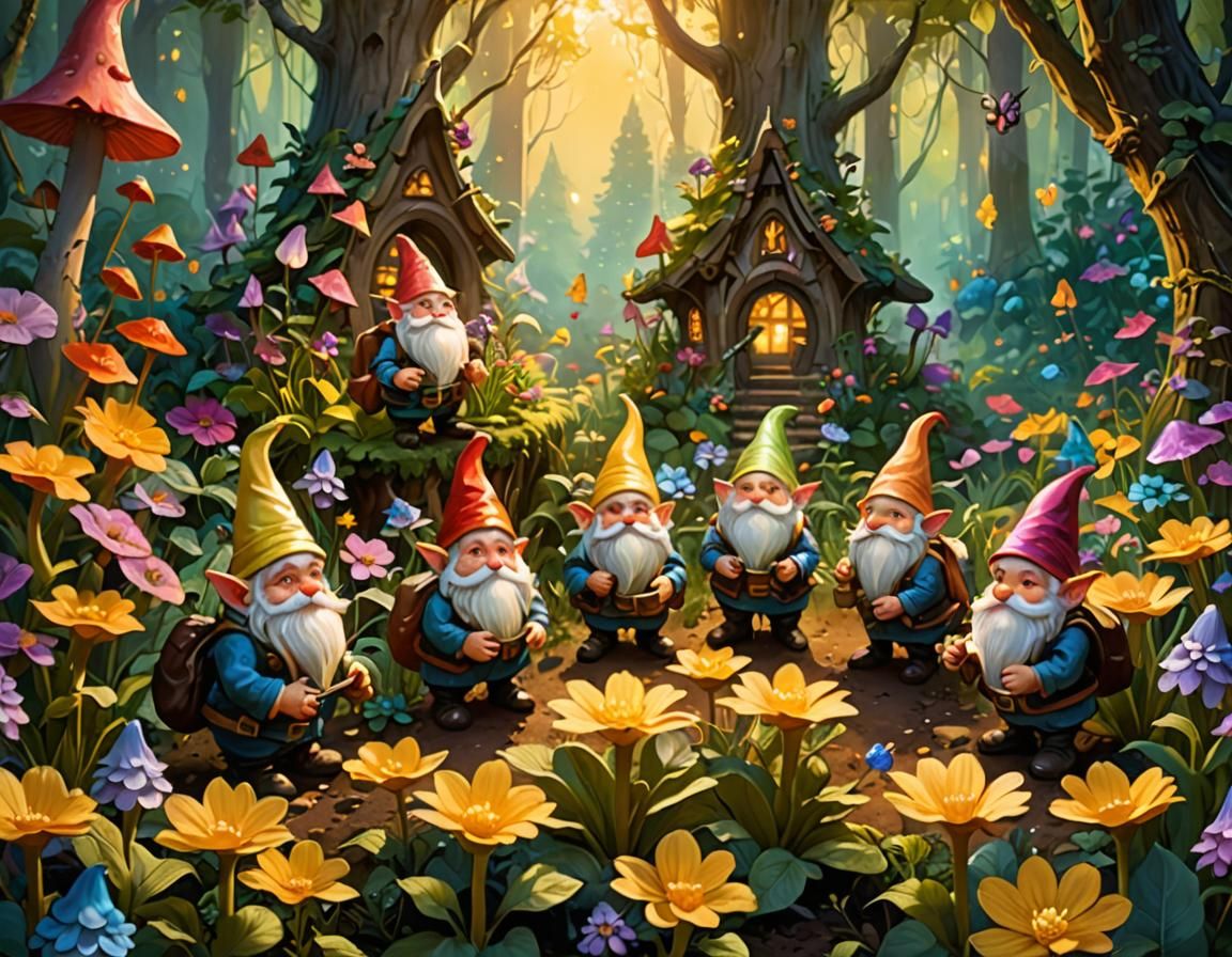 A whimsical image of group of gnomes tending to a moonlit ma...
