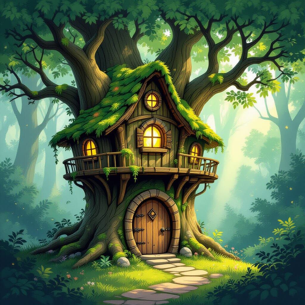 A whimsical, ancient treehouse nestled deep within an enchanted forest, its structure woven from living branches and glowing moss. Sunlight ...