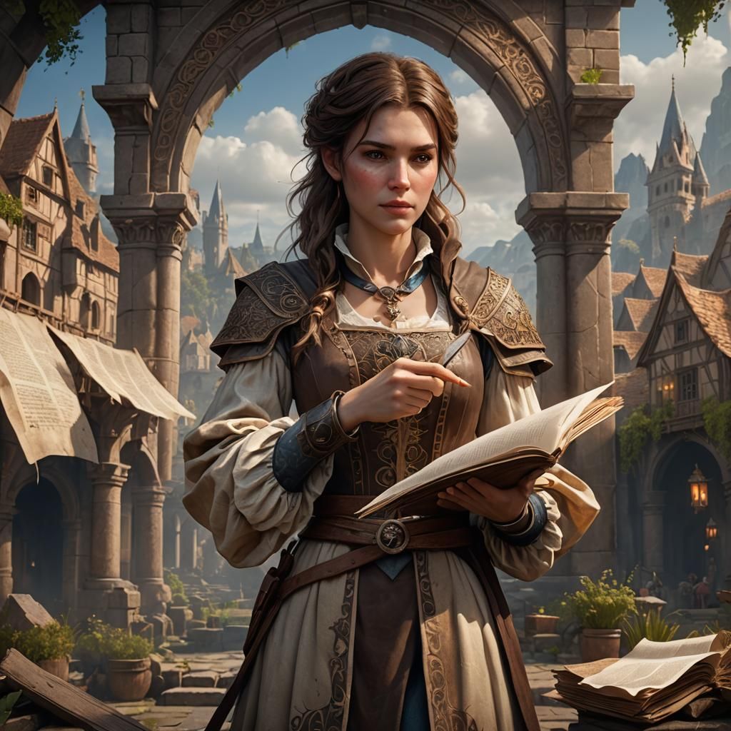 Brown haired girl is holding a parchment in her hand and A o...