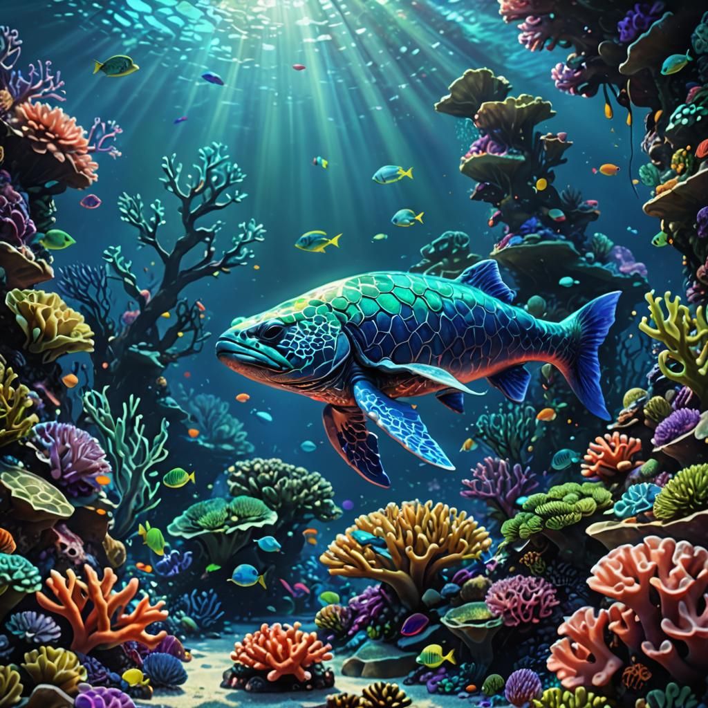 A mysterious creature in a spectacular colourful coral reef, 3D, neon, ultrarealistic  by @Drac_Rosenberg