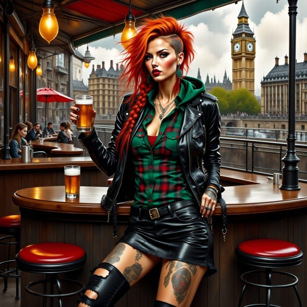 <lora:GrungeFlux:1.0> full body portrait, beautiful woman in grunge style, plaid green shirt with hood, black latex jacket, ripped jeans, me...