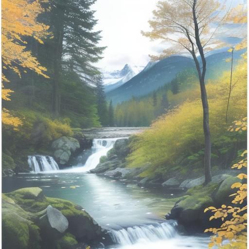 watercolour, stream, waterfall,  lake, trees, mountains, dec...