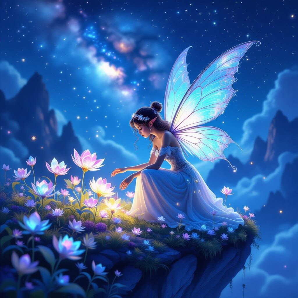 A whimsical, bioluminescent fairy with gossamer wings tends to a garden of crystalline flowers on a floating ...  by @Jose