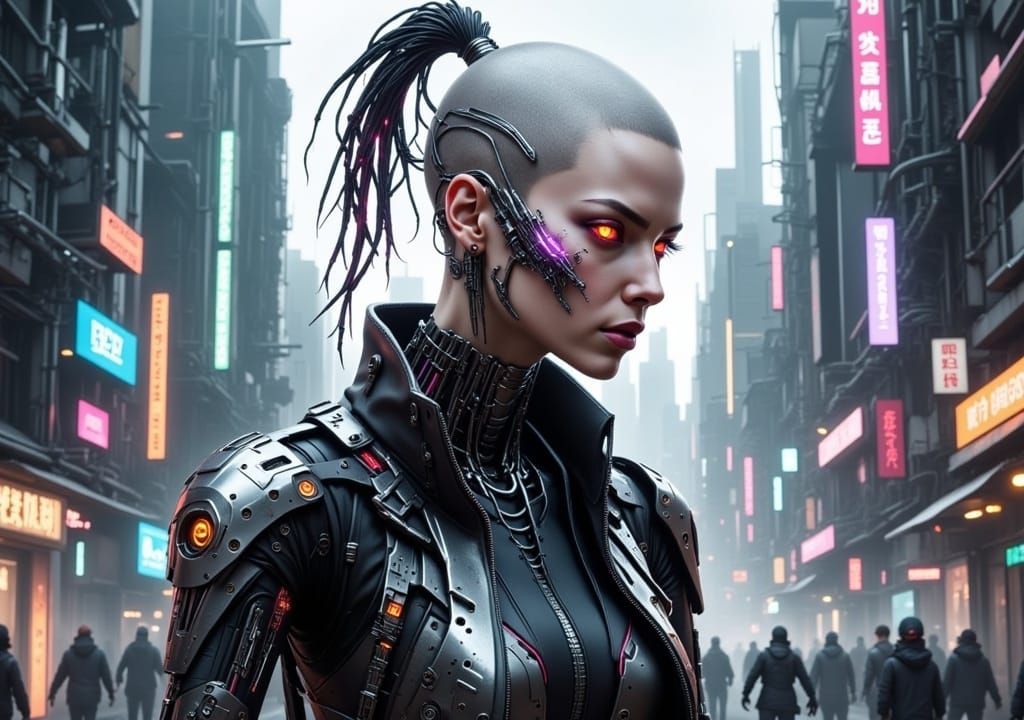 Hairless Anime style Cyborg female bounty hunter in a cyberpunk city<lora:Cyborgs Flux:1.0> 