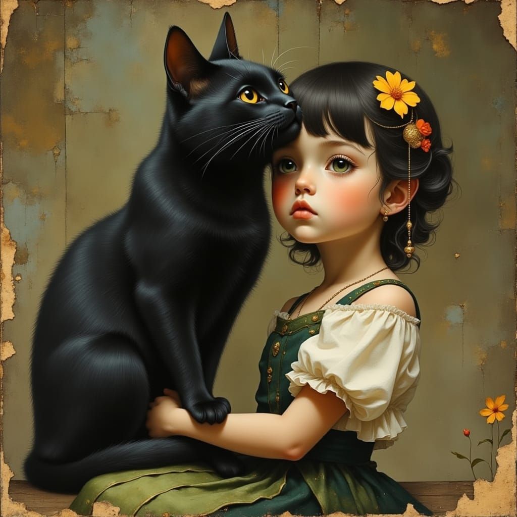 Whimsical Child and Siamese Cat in Vibrant Pop Surrealism