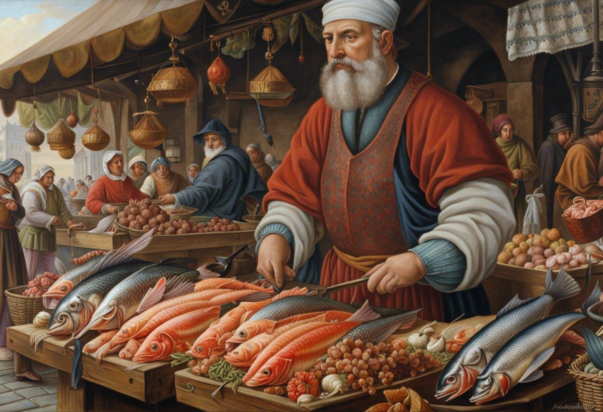 Medieval market fishmonger - AI Generated Artwork - NightCafe Creator