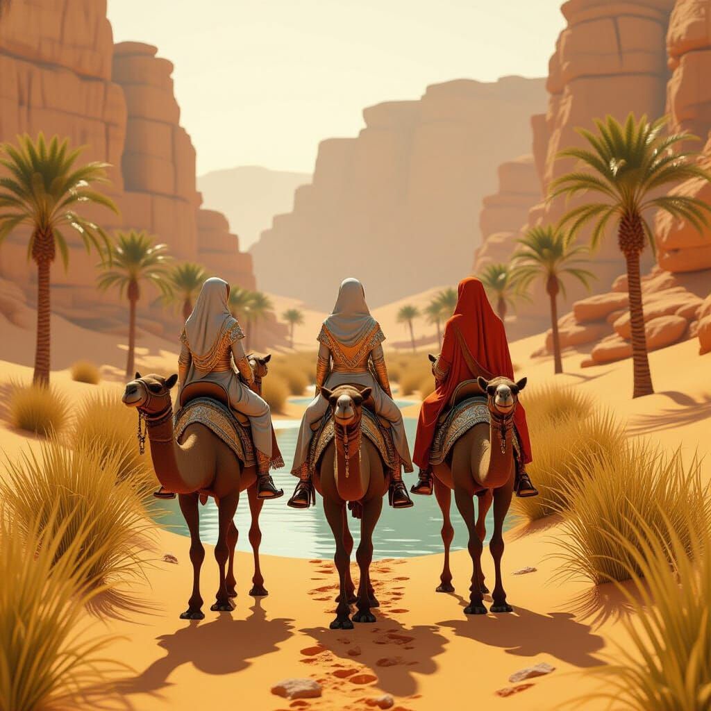 3 Queens riding camels down the Wadi, tall grass, date palm trees and a little water, yellow gold cliffs, carrying, gold, silver, copper, ge...