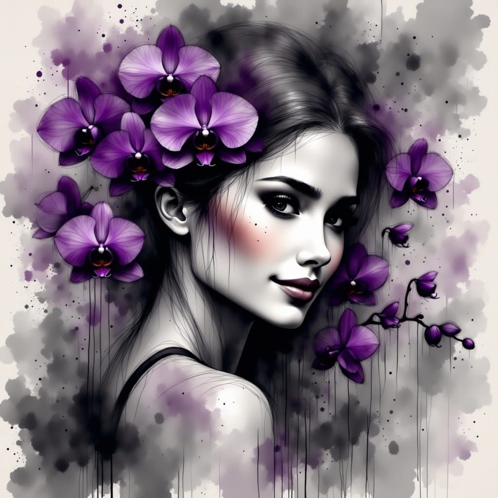  woman, purple orchid charcoal and ink<lora:Charcoal:1.0> 