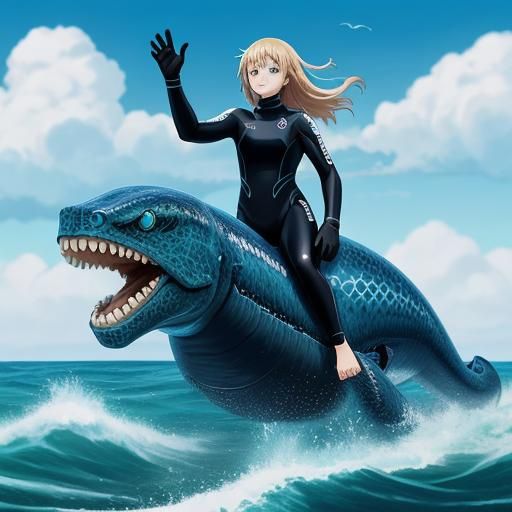 Female surfer, wearing wetsuit, riding on the back of a gian...