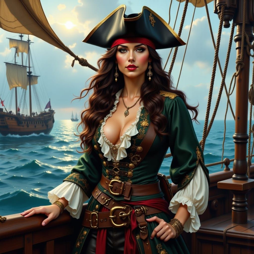 Pirate Queen with Sword on Ship Deck