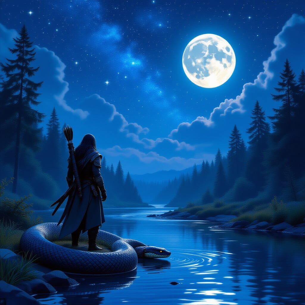 moon, stars, milky way, one serpent nearby with perfectly defined shape and head, mistic, runes, fantasy, ranger druid, forest, river, photo...