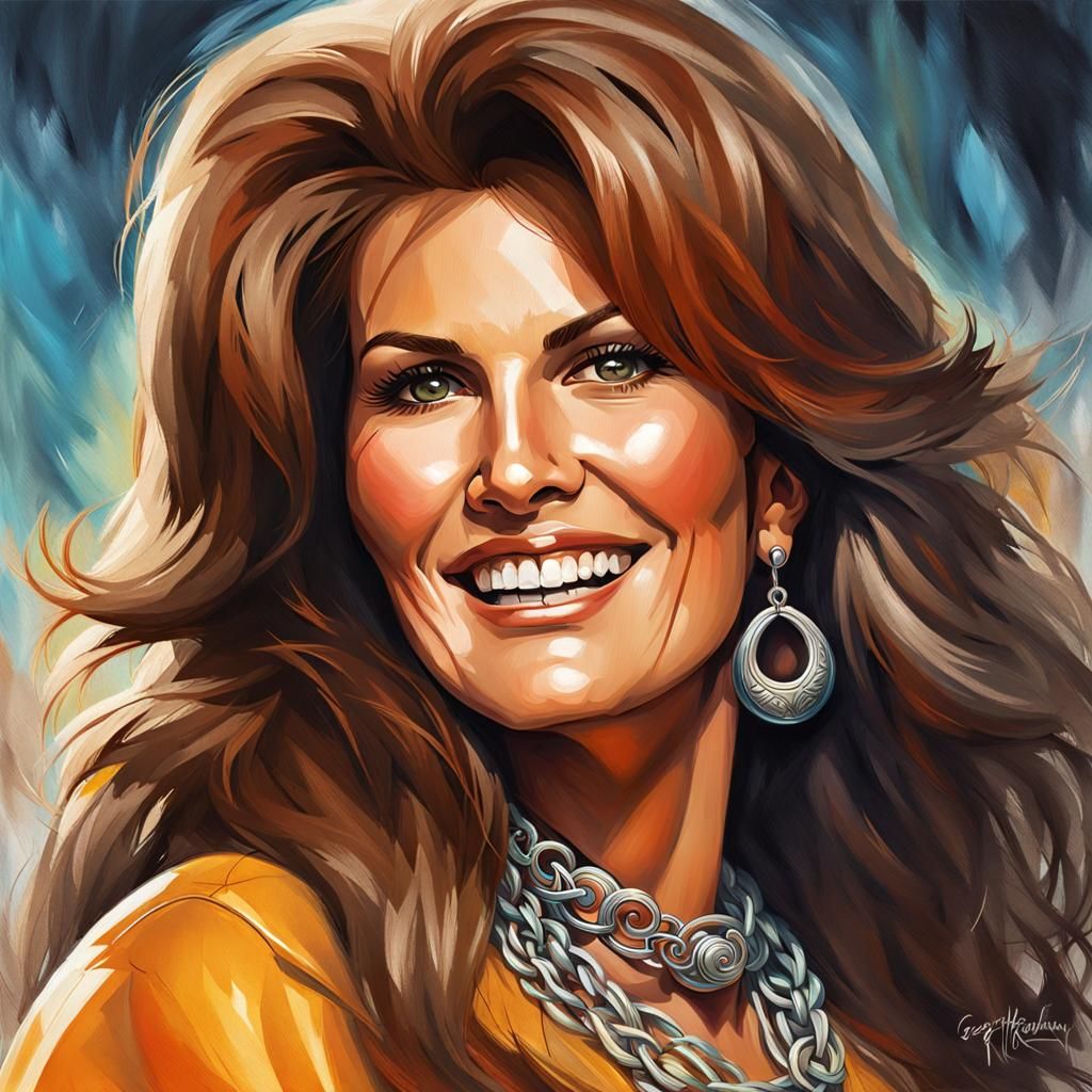 Close up portrait of a smiling young Raquel Welch wearing a ...