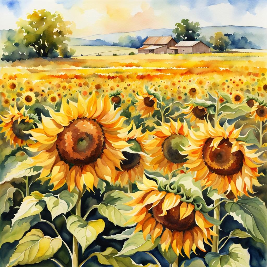 Watercolor field of sunflowers  by @AI-NE