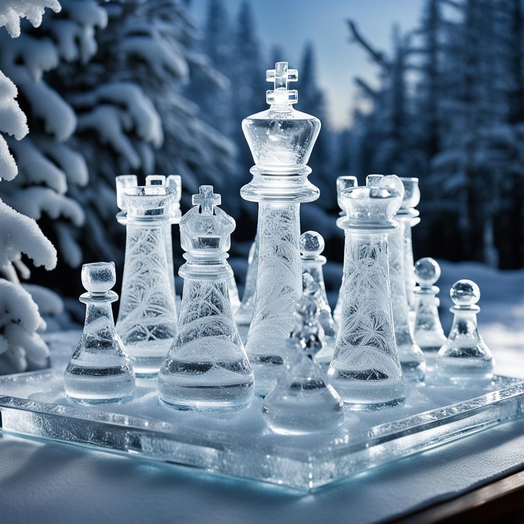 Imagine a frosted chess set crafted from pure ice, each piece glistening with frozen enchantment. The ...  by @Alex