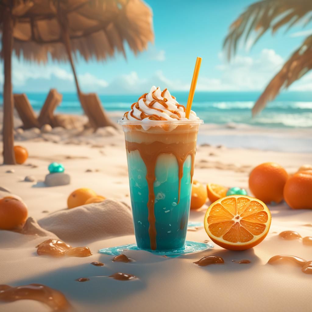 Iced caramel latte on the beach