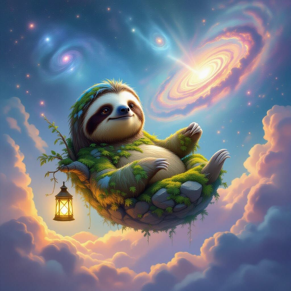 A fantasy sloth, depicted as a gentle giant made of moss and ancient stone, drifts serenely through a ...  by @Gabriel Davis