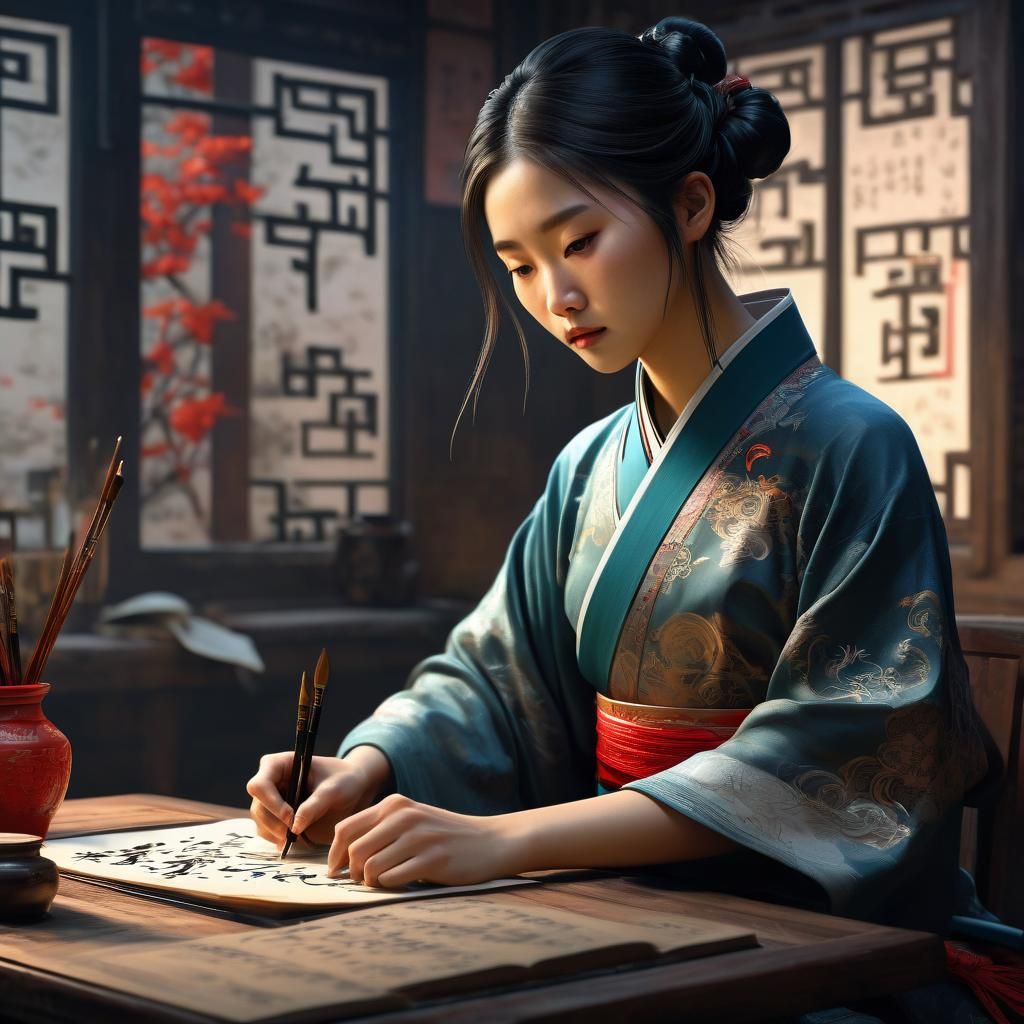 A Chinese woman full body writing with an ink brush in calli...