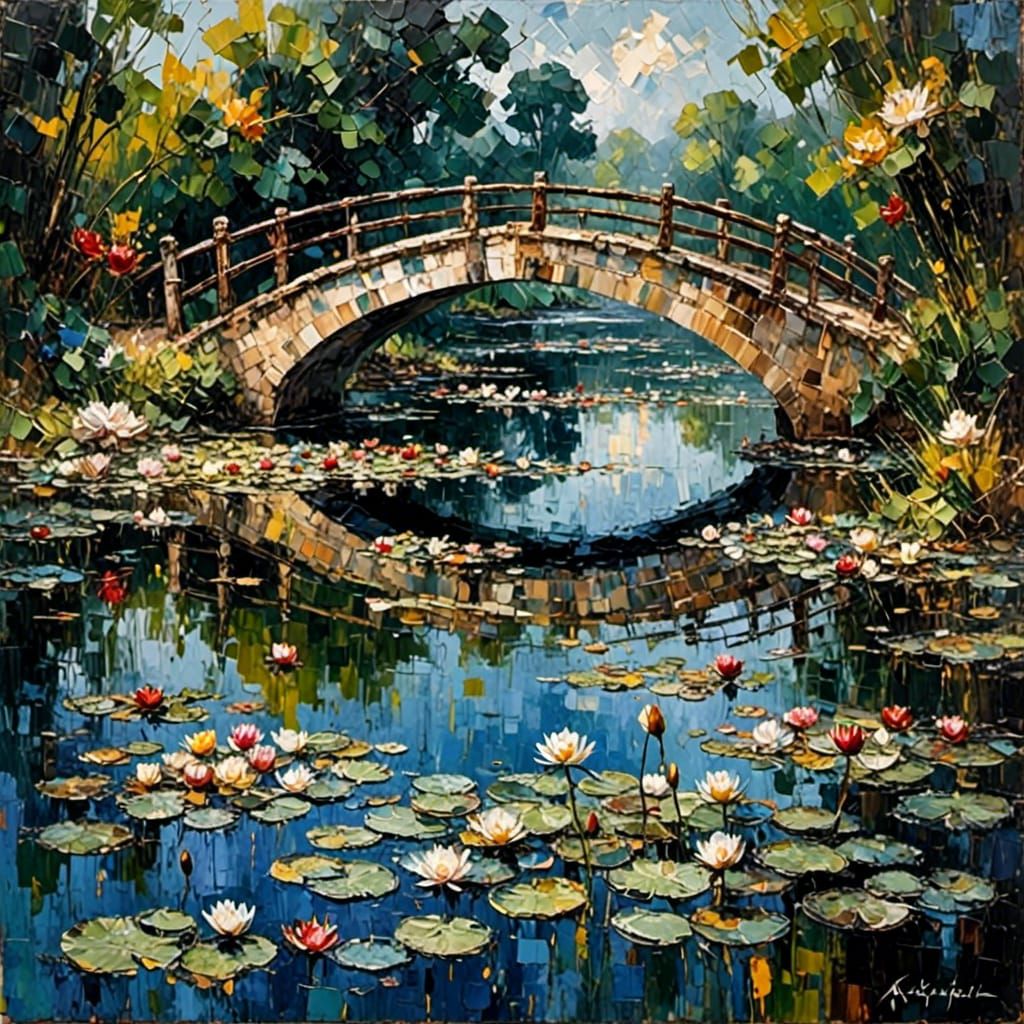  Water Lilies under a Japanese bridge impressionism <lora:Impasto Painting:1.0> 