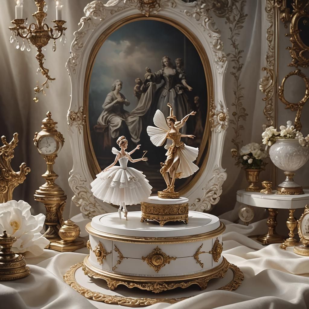 A jewelery box , open with a figurine of a dancer in a white...
