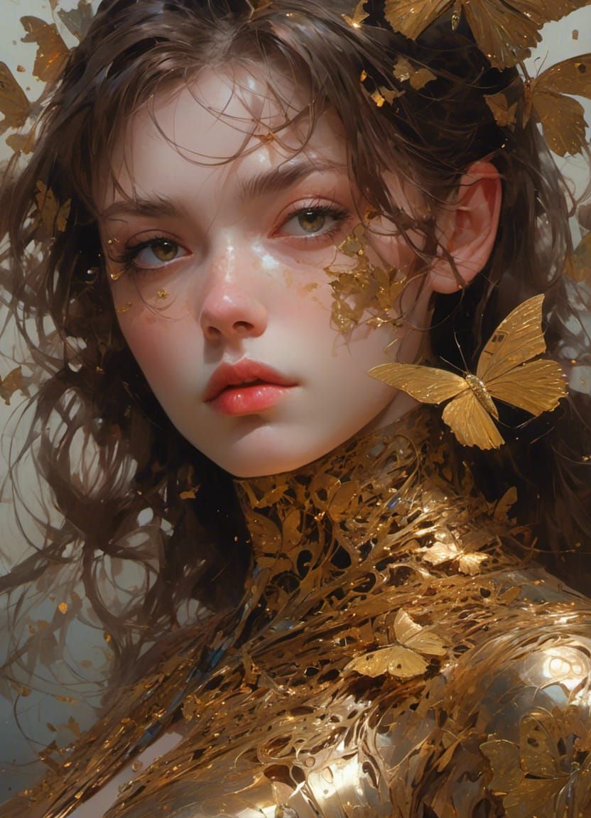 cyborg with brown hair surrounded by butterflies #2