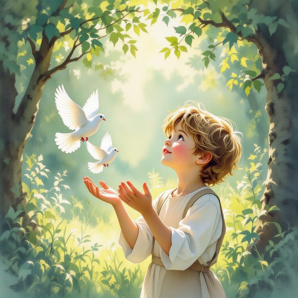Boy Releases Miniature Doves in Sun-Dappled Forest