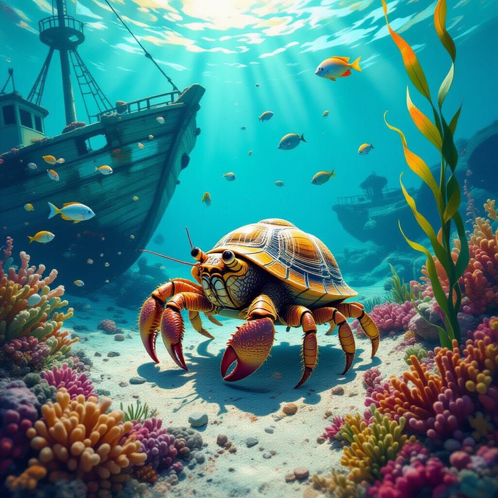 Close up of a Hermit Crab walking on the Ocean floor, ship wreck, tropical fish, corals, seaweed, vibrant ...  by @Arty Farty