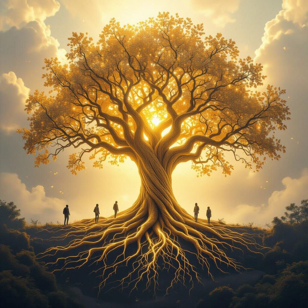 "A majestic golden tree with roots glowing like streams of light, its branches wide and twisting, leaves shimmering like fragments of time, ...