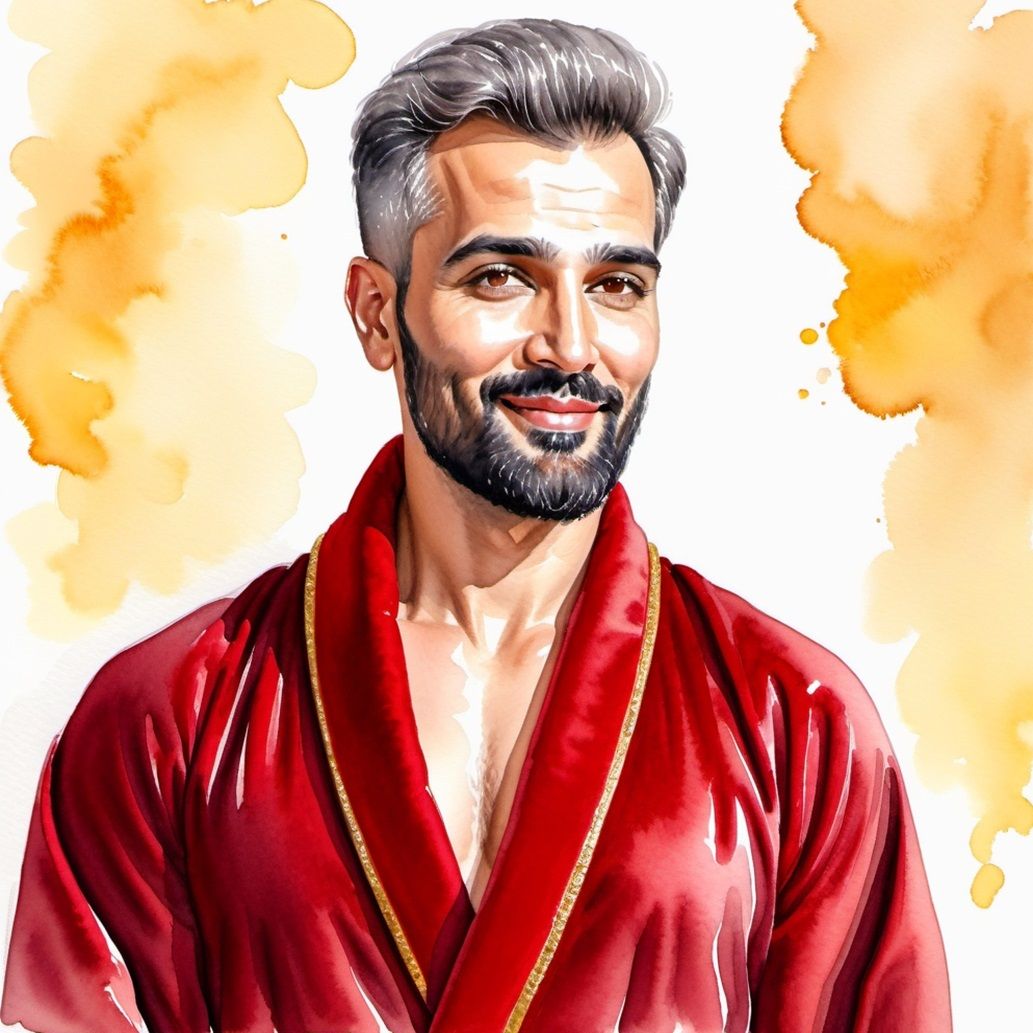 Watercolour portrait of a handsome grey-haired man wearing a...