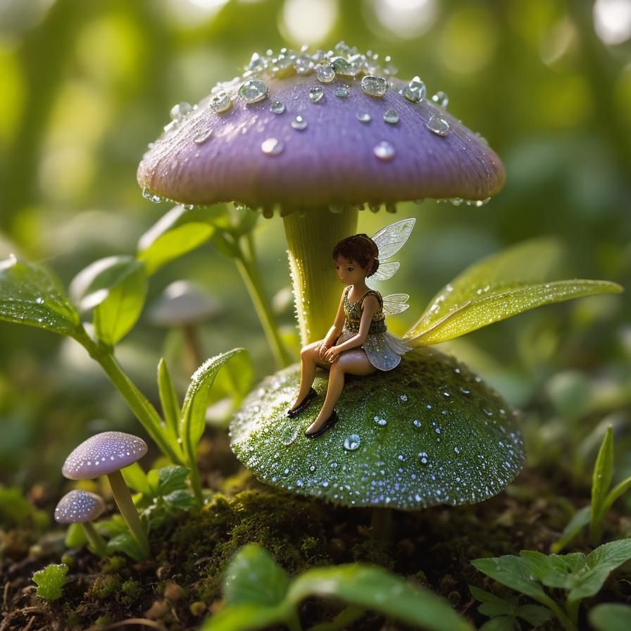Macro photography of a tiny fairy sitting on a mushroom. Dew...